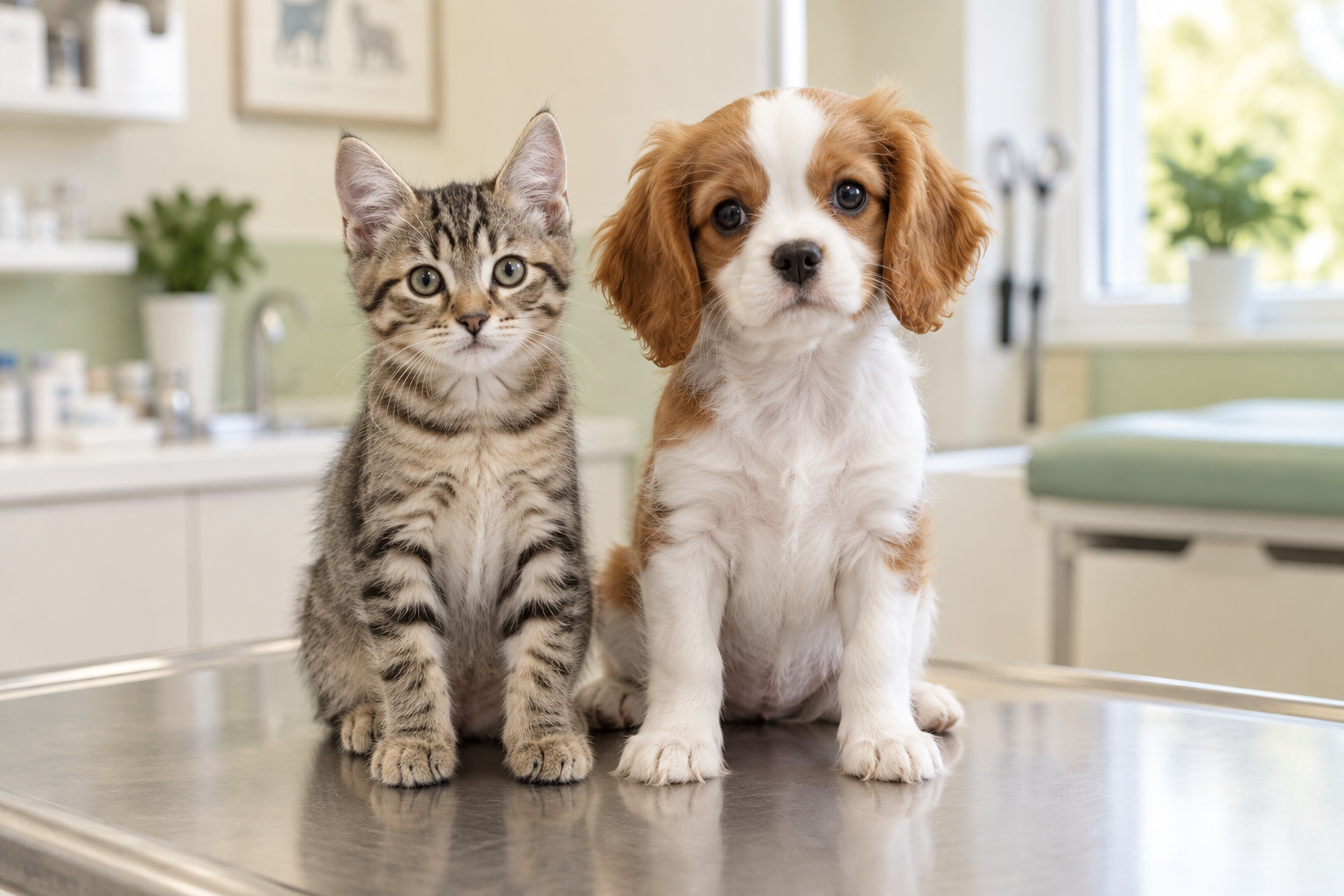 Real kitten and puppy waiting for a veterinary appointment