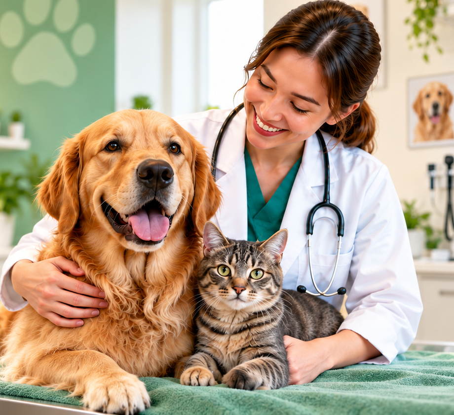 Golden retriever and tabby cat at GoldenVetHub veterinary clinic
